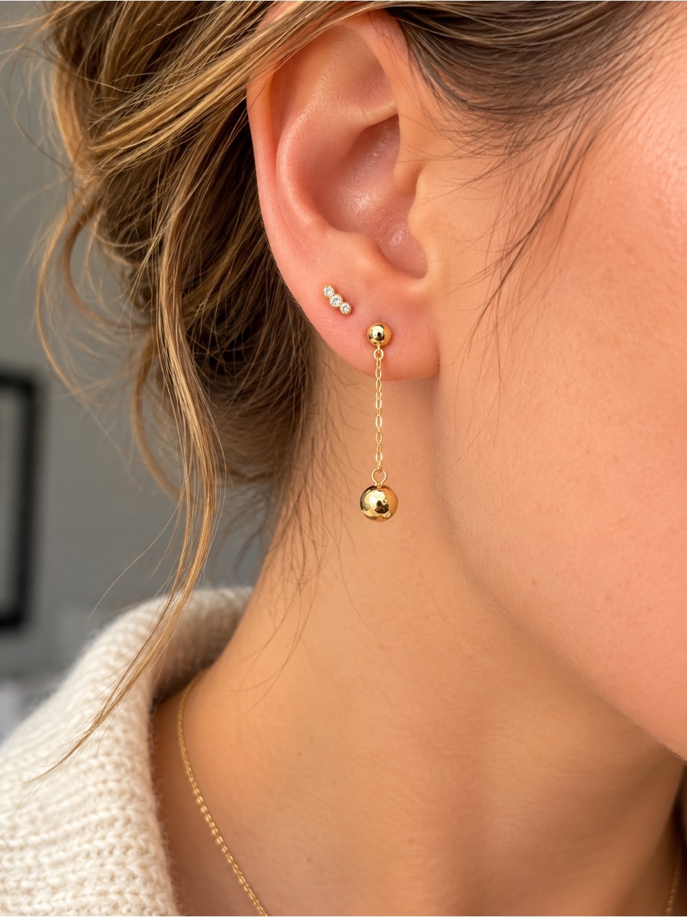 14K Yellow Gold Delicate Ball Drop Dangle Earrings